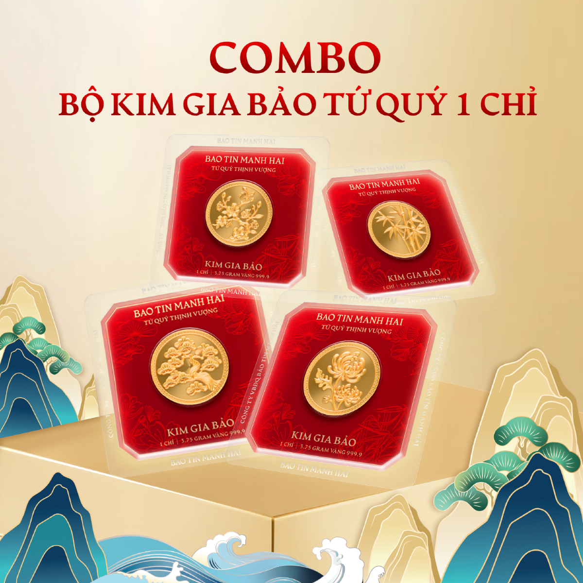 Combo 4 Kim Gia Bảo Tứ Quý tròn 1 chỉ