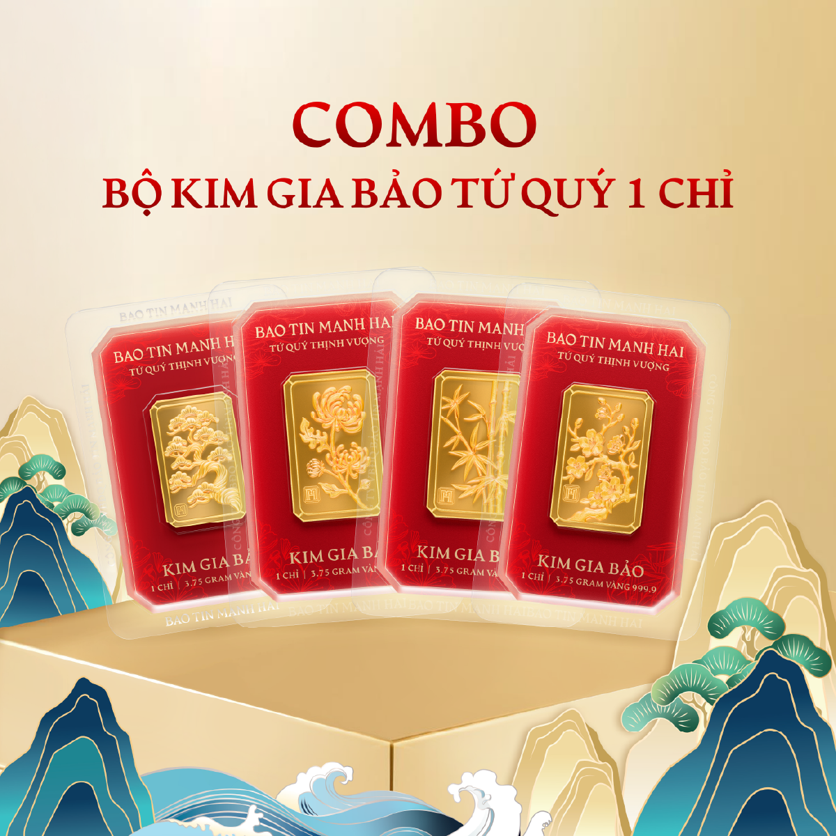 Combo 4 Kim Gia Bảo Tứ Quý chữ nhật 1 chỉ