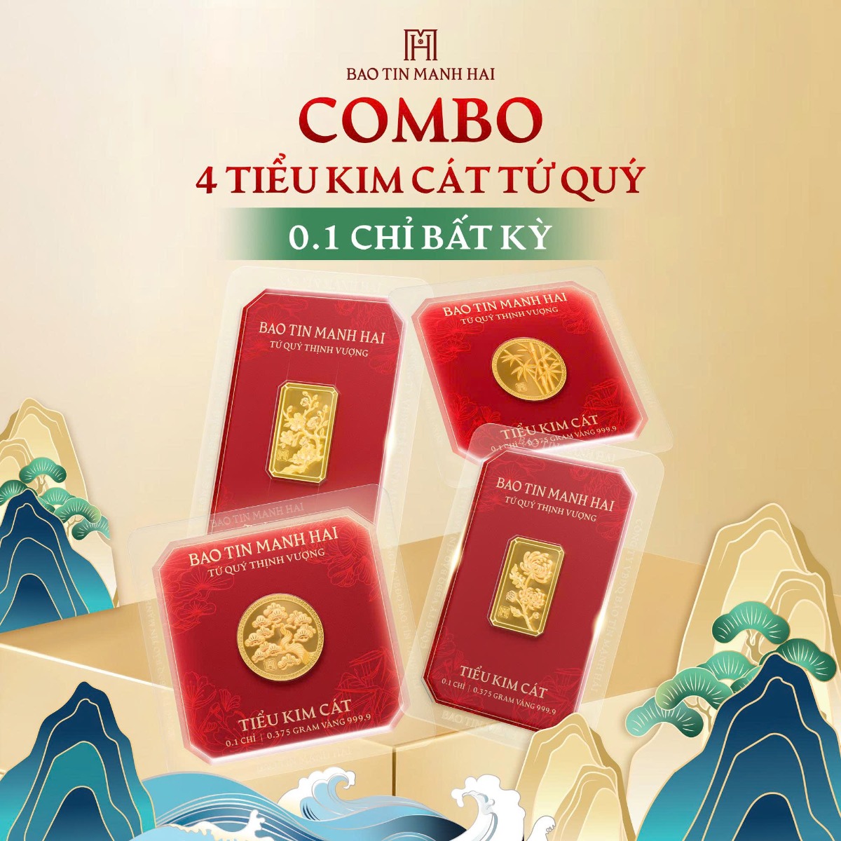Combo 4 Tiểu Kim Cát Tứ Quý Tròn/Chữ nhật 0.1 chỉ BẤT KỲ