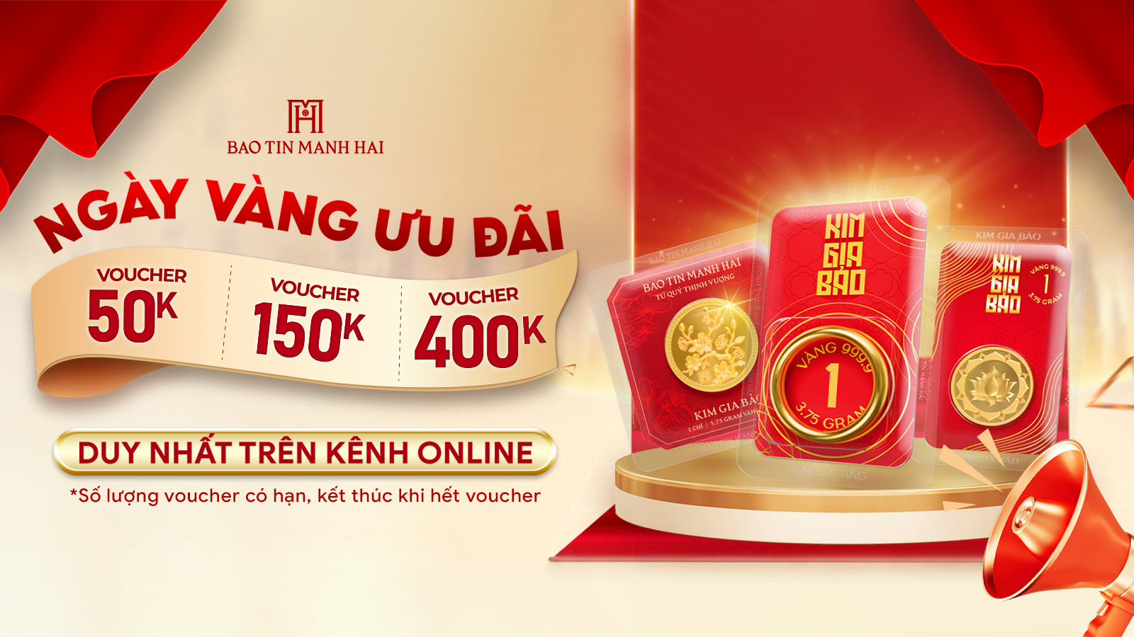 TẶNG BẠN VOUCHER GIẢM TRỰC TIẾP TỚI 400.000Đ MUA VÀNG 999.9 ONLINE - SỐ LƯỢNG CÓ HẠN!