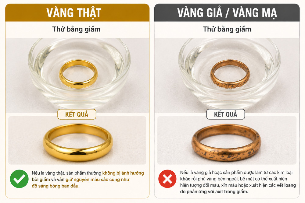 Giấm giúp phát hiện một số kim loại giả vàng nhờ khả năng phản ứng với axit nhẹ