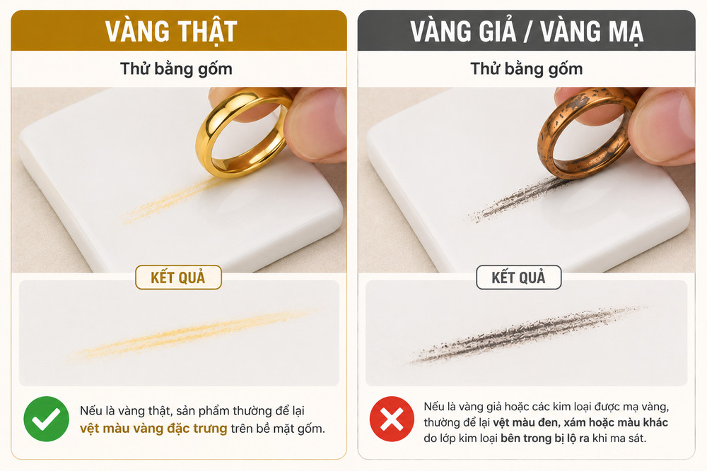 Màu sắc của vệt để lại trên gốm có thể giúp phân biệt vàng thật và vàng giả