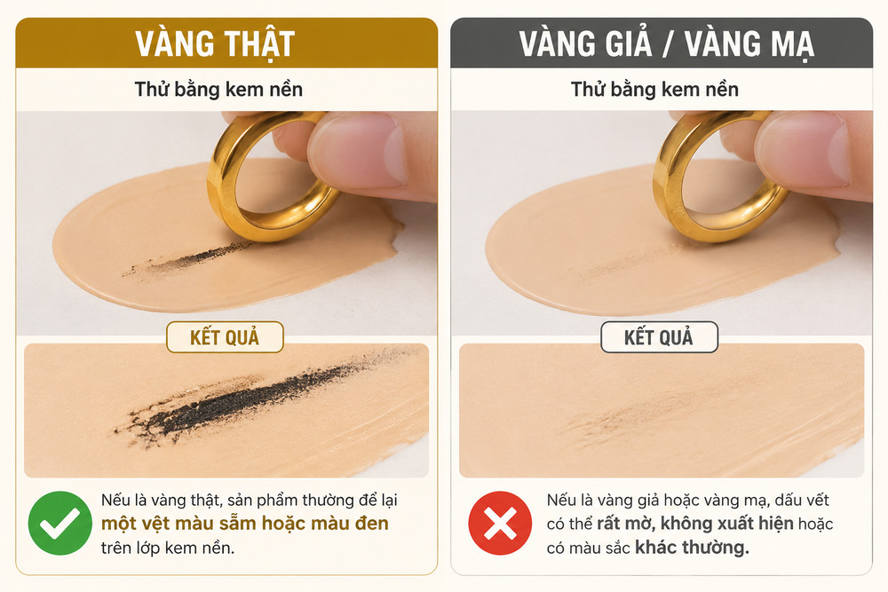 Kem nền có thể tạo phản ứng giúp nhận biết sơ bộ vàng thật thông qua dấu vết trên lớp kem