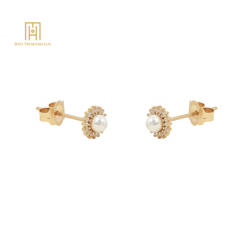 Bông tai PC Hàn Quốc gắn Ngọc Trai màu trắng tròn PHBTV14NTX-210001