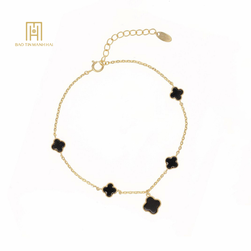 Lắc tay vàng 10K phong cách Ý cỏ 4 lá đá đen - PYLTV10KD0-212011