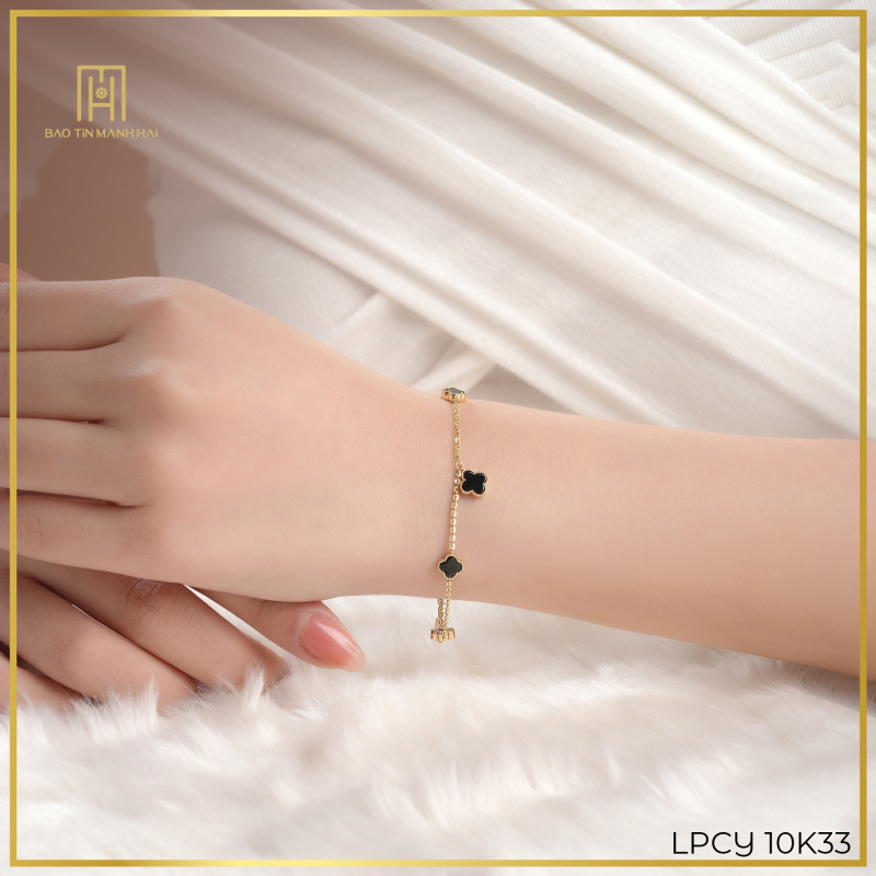 Lắc tay vàng 10K phong cách Ý cỏ 4 lá đá đen - PYLTV10KD0-212011